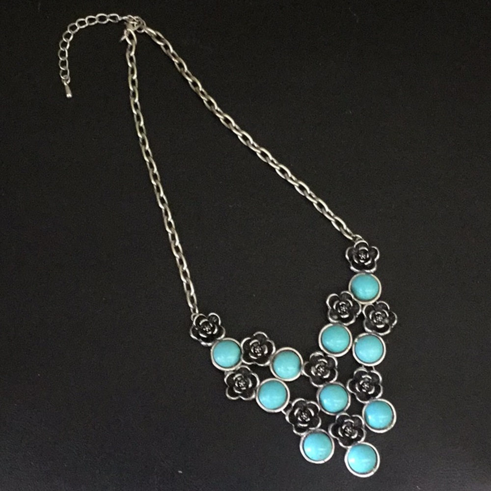 Silver turquoise and flowered necklace